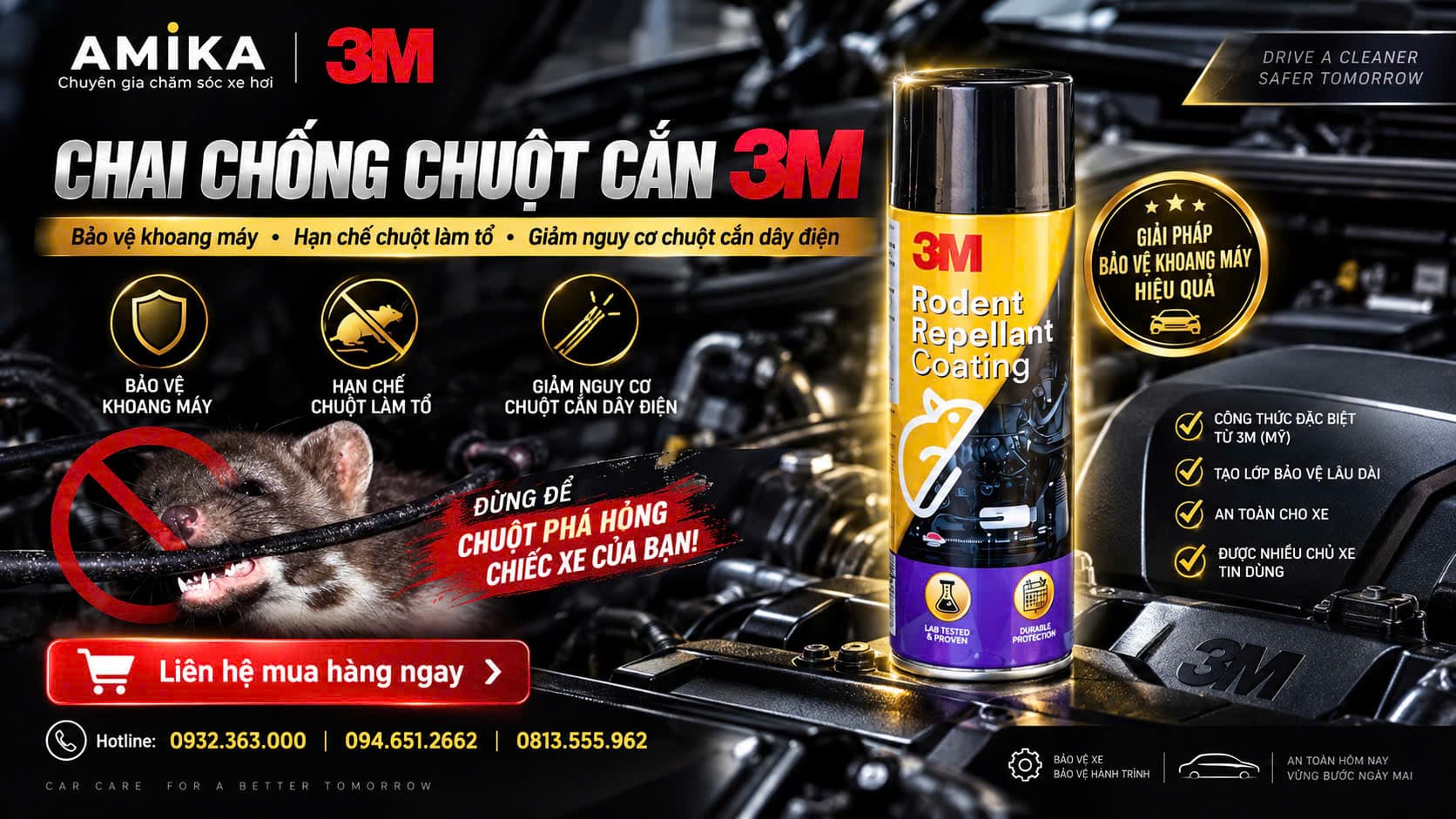Chai xịt chống chuột cắn 3M Rodent Repellent Coating dùng cho khoang máy ô tô
